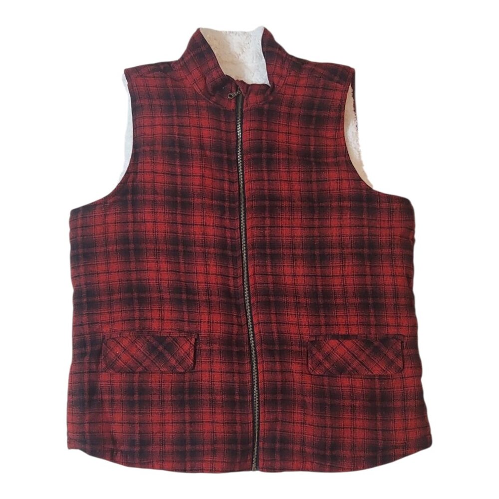 Maurices XL Red Black Plaid Zip Up Vest Sherpa Fleece Lined Poly Wool NWT